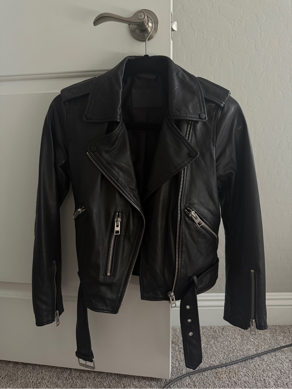 All Saints Black Leather Biker Jacket with Silver Hardware